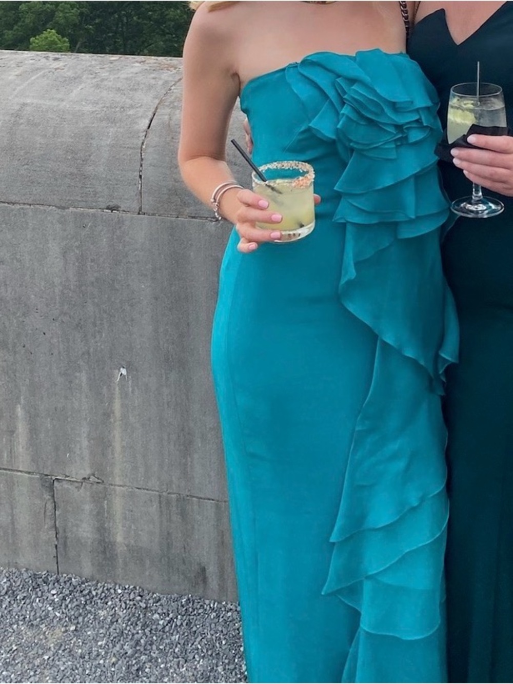 Marchesa Notte Silk Evening Gown, Maxi Dress, Teal Ruffle Dress